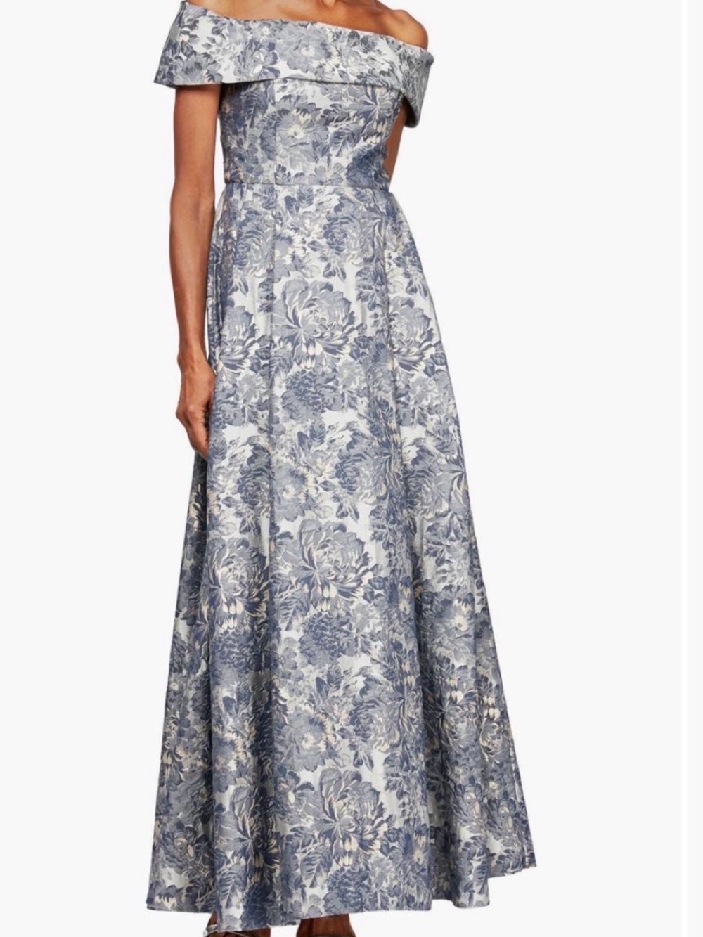 Alex Evenings Blue and White One-Shoulder Floral Jacquard Gown